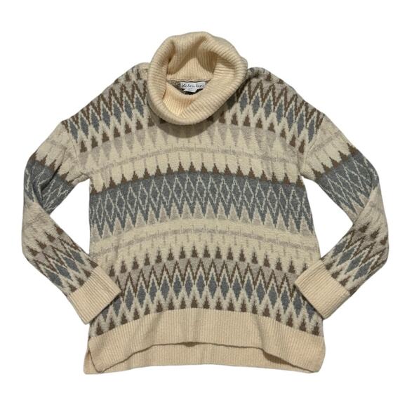 London Kaye Sweater Womens XS Fair Isle Chenille Neutral Brown Cowl Soft Cozy - Picture 1 of 7